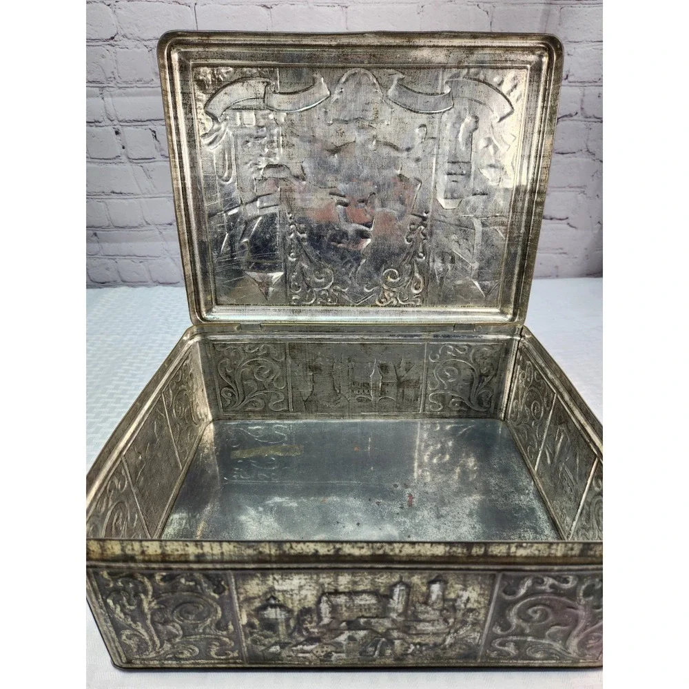 Vintage German Silver Tin Biscuit Box Knight Jousting Castles Horse History